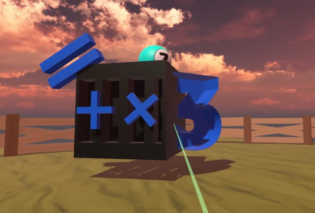 Math Ball VR: a cube with math symbols on a beach at sunset